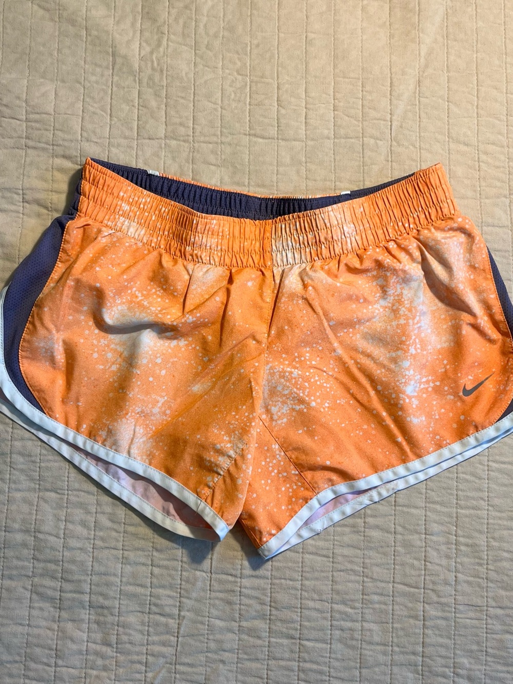 Nike Women's Orange Splatter Athletic Shorts with Navy Trim